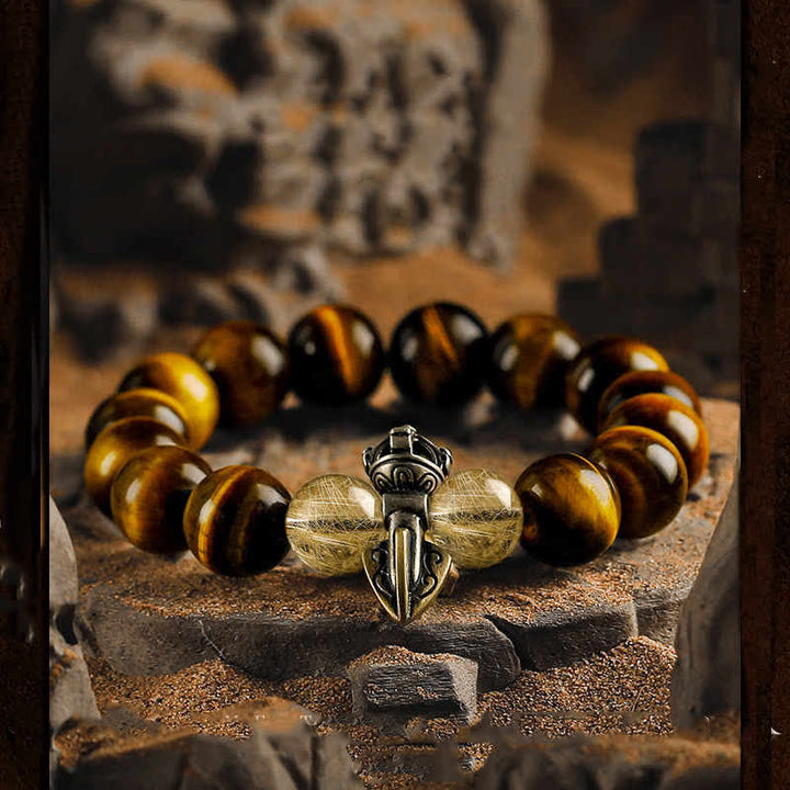 Bracciale Olivenorma con perline in quarzo rutilato color oro e occhio di tigre 