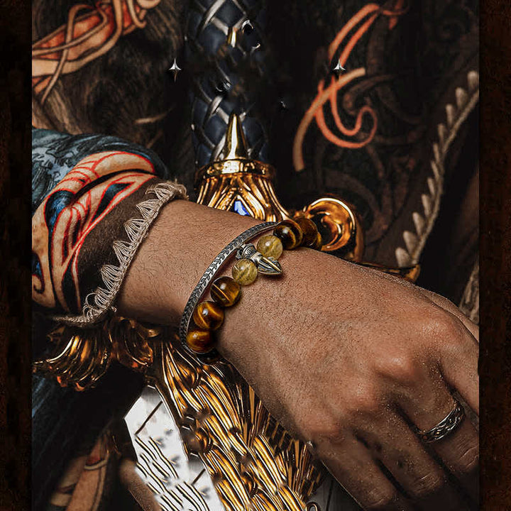 Bracciale Olivenorma con perline in quarzo rutilato color oro e occhio di tigre 
