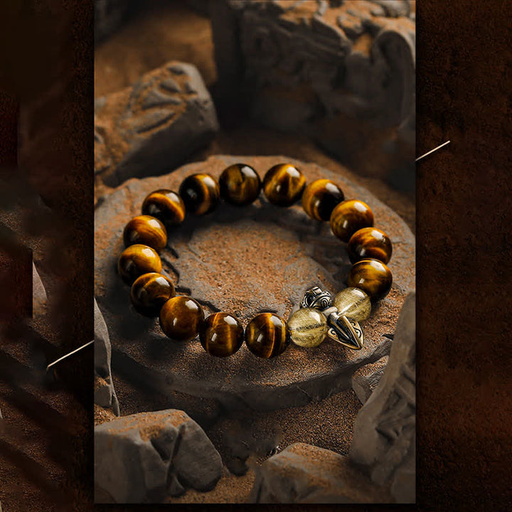 Bracciale Olivenorma con perline in quarzo rutilato color oro e occhio di tigre 