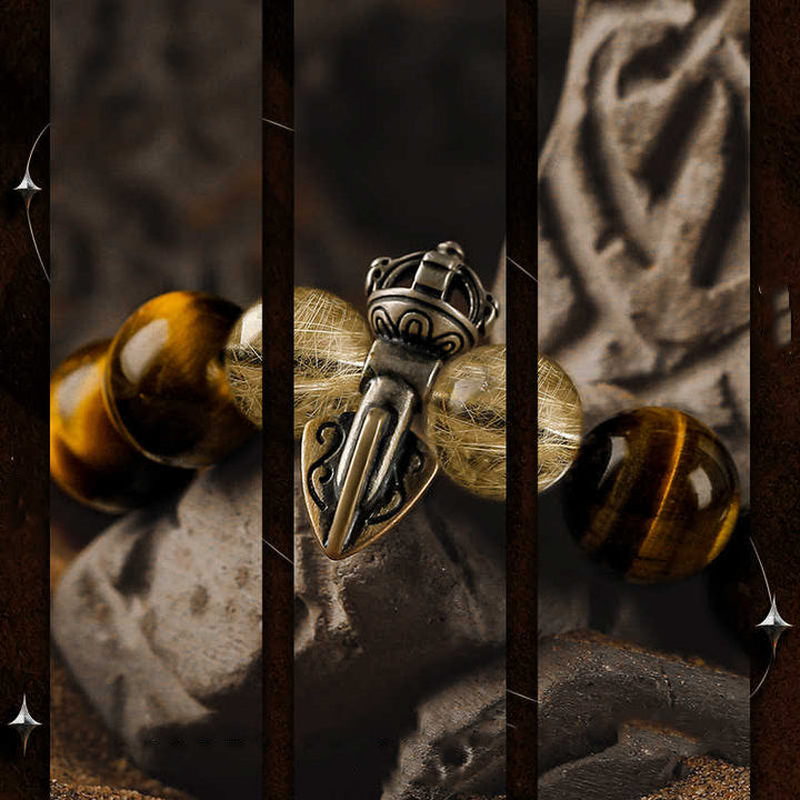 Bracciale Olivenorma con perline in quarzo rutilato color oro e occhio di tigre 