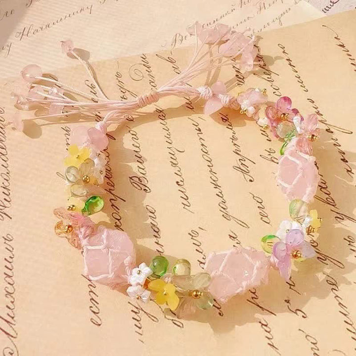 Bracciale intrecciato a mano con fiori in quarzo rosa Olivenorma 