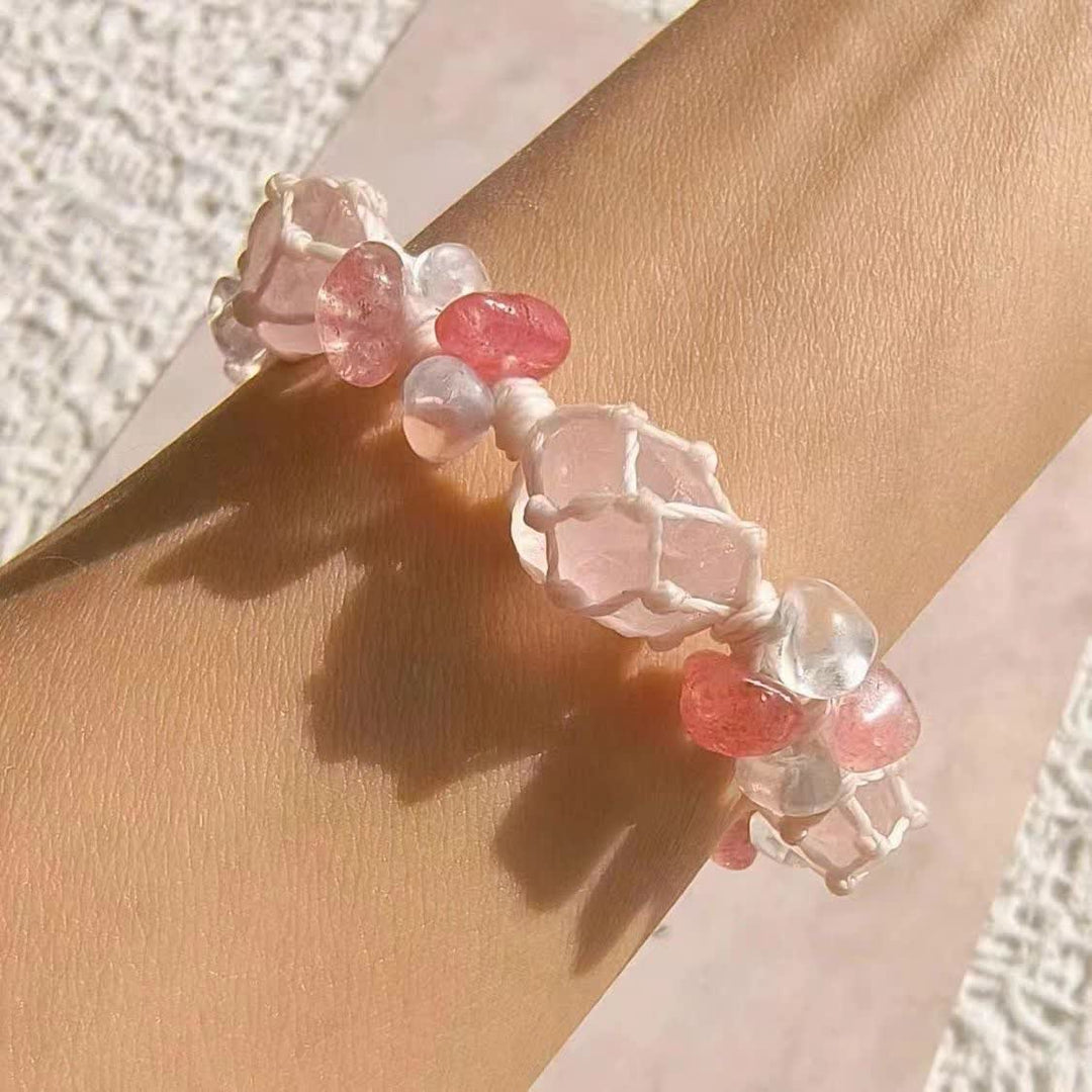 Bracciale intrecciato con fiori di cristallo di quarzo fragola Olivenorma 