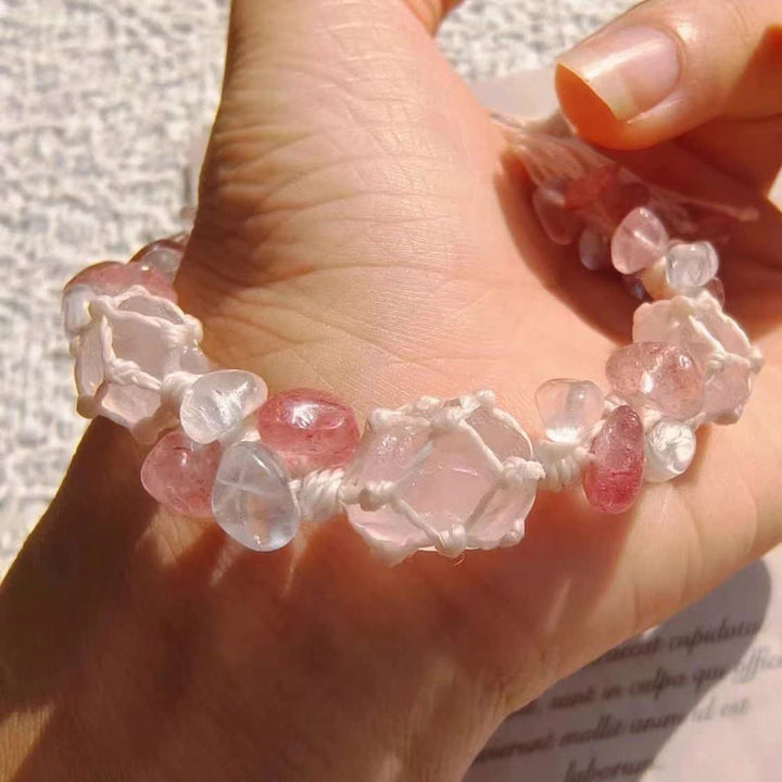 Bracciale intrecciato con fiori di cristallo di quarzo fragola Olivenorma 