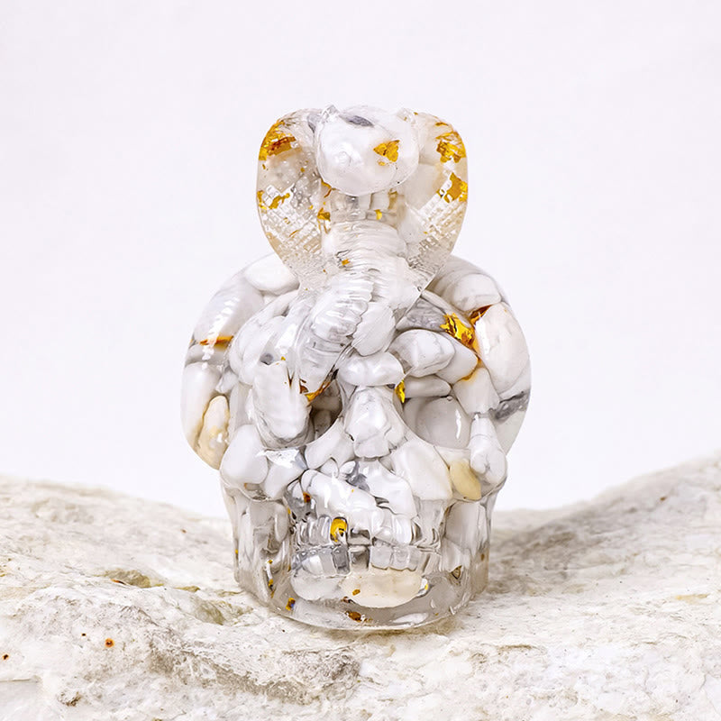Olivenorma Statua Teschio di Serpente in Pietra Vera Decorazione con Pietre Preziose