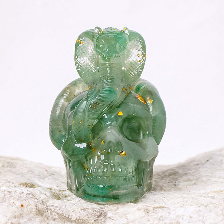 Olivenorma Statua Teschio di Serpente in Pietra Vera Decorazione con Pietre Preziose