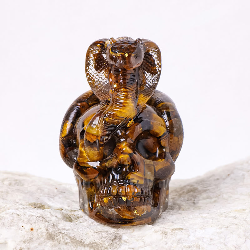 Olivenorma Statua Teschio di Serpente in Pietra Vera Decorazione con Pietre Preziose