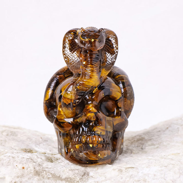 Olivenorma Statua Teschio di Serpente in Pietra Vera Decorazione con Pietre Preziose