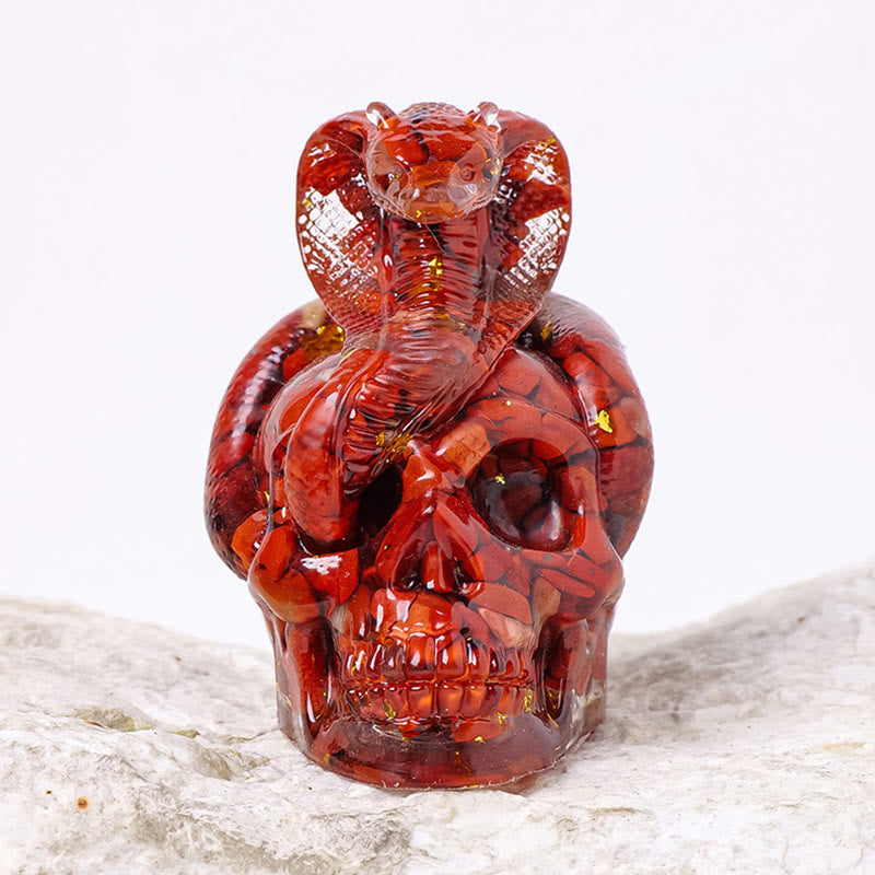 Olivenorma Statua Teschio di Serpente in Pietra Vera Decorazione con Pietre Preziose