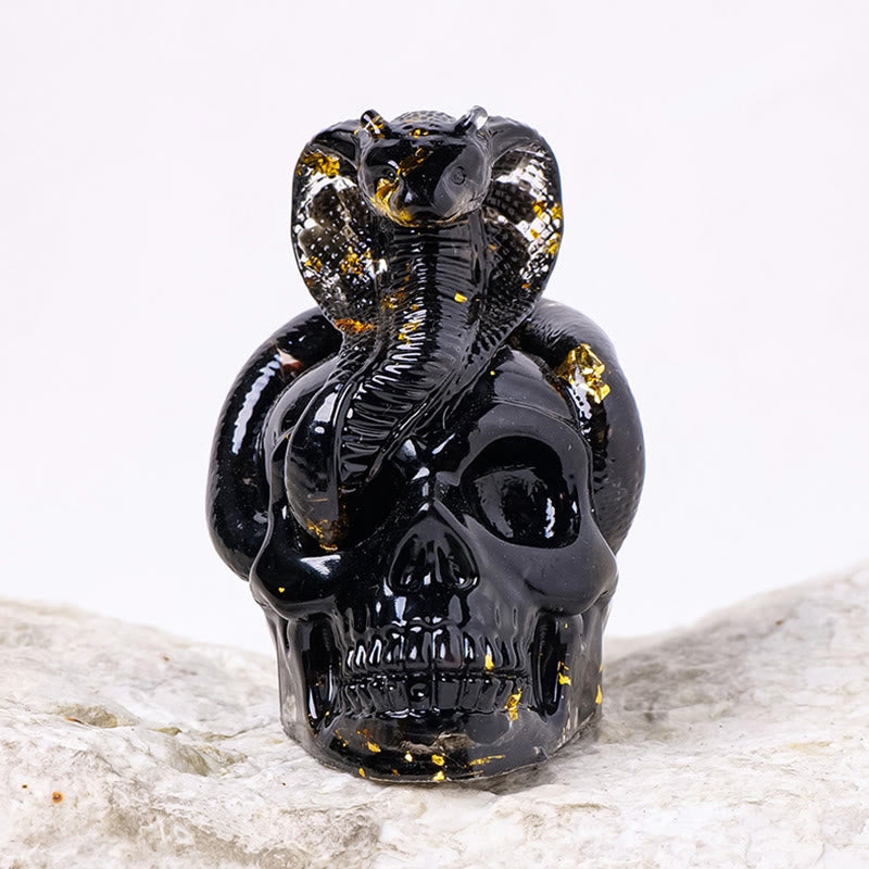 Olivenorma Statua Teschio di Serpente in Pietra Vera Decorazione con Pietre Preziose