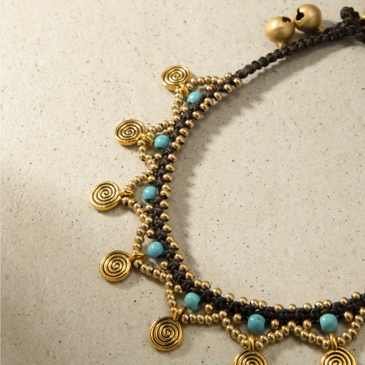 Olivenorma Boho Style Cavigliera intrecciata con nappa turchese