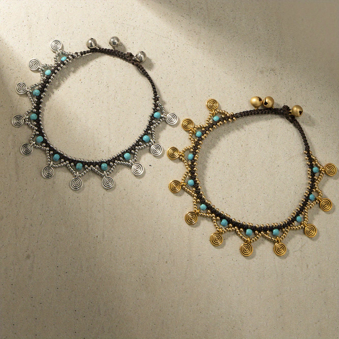 Olivenorma Boho Style Cavigliera intrecciata con nappa turchese