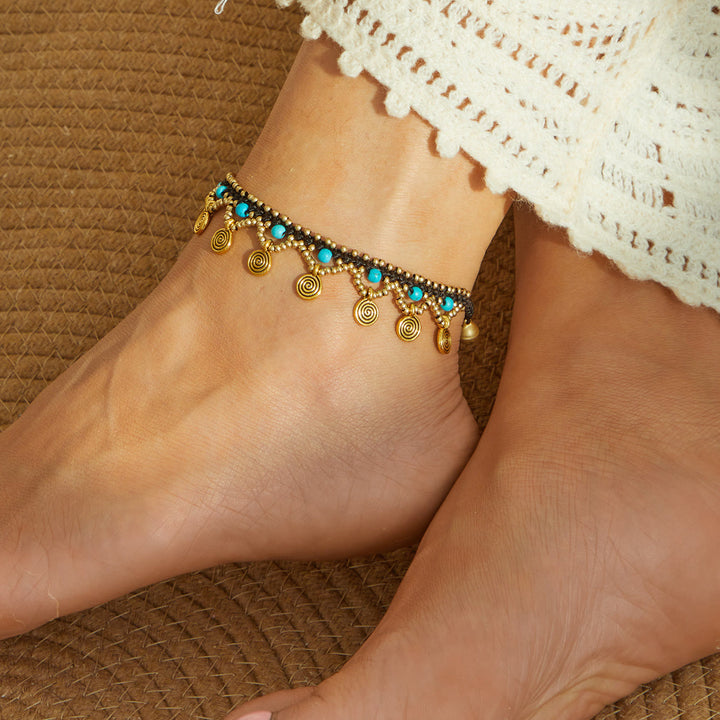 Olivenorma Boho Style Cavigliera intrecciata con nappa turchese