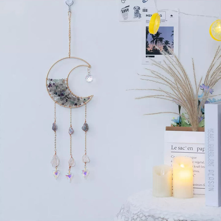 Campanello a vento con ciondolo a forma di luna in ghiaia di fluorite Olivenorma