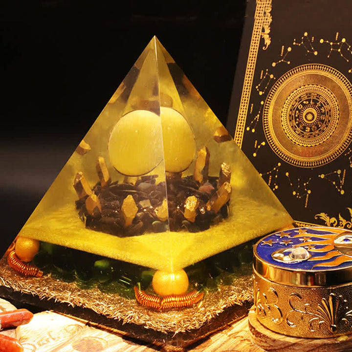 Piramide di orgone con sfera di cristallo di giada gialla Olivenorma