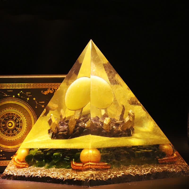 Piramide di orgone con sfera di cristallo di giada gialla Olivenorma