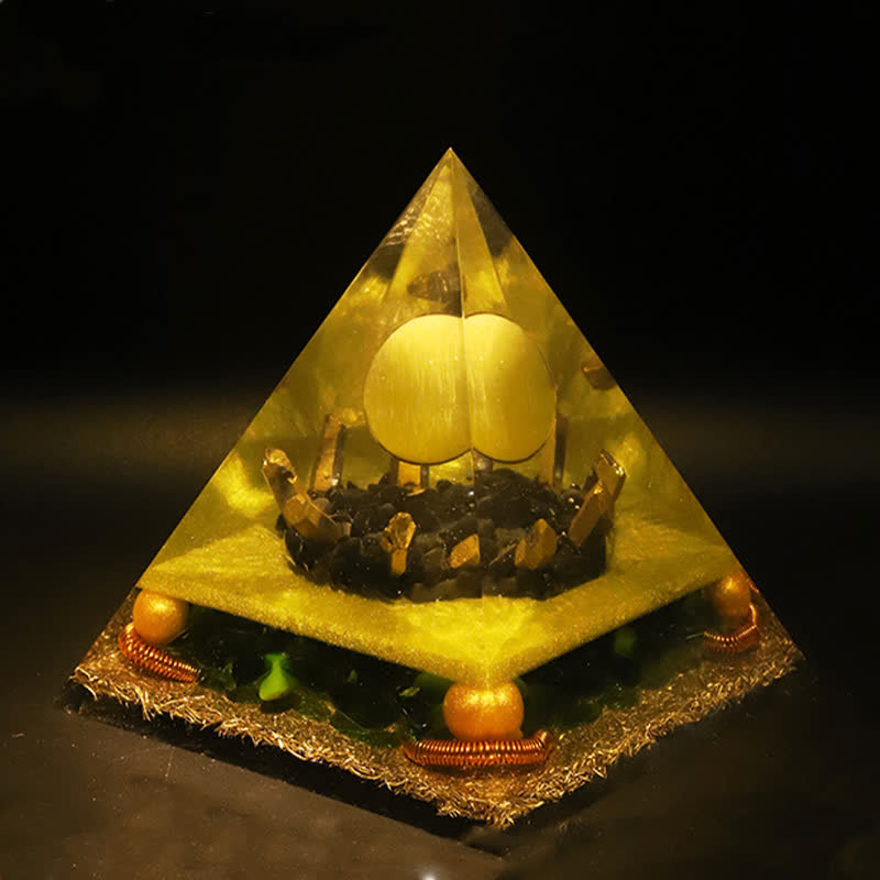 Piramide di orgone con sfera di cristallo di giada gialla Olivenorma