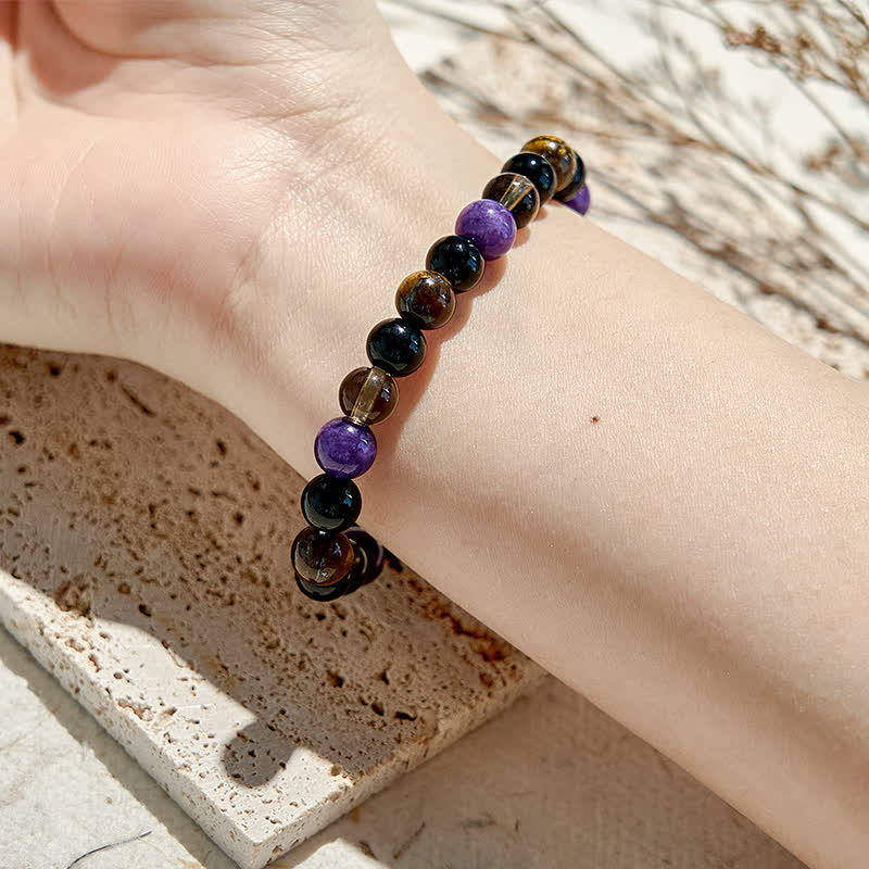 Braccialetto di perline di Charoite con occhio di tigre e ossidiana Olivenorma 