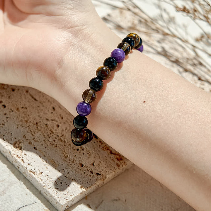 Braccialetto di perline di Charoite con occhio di tigre e ossidiana Olivenorma 