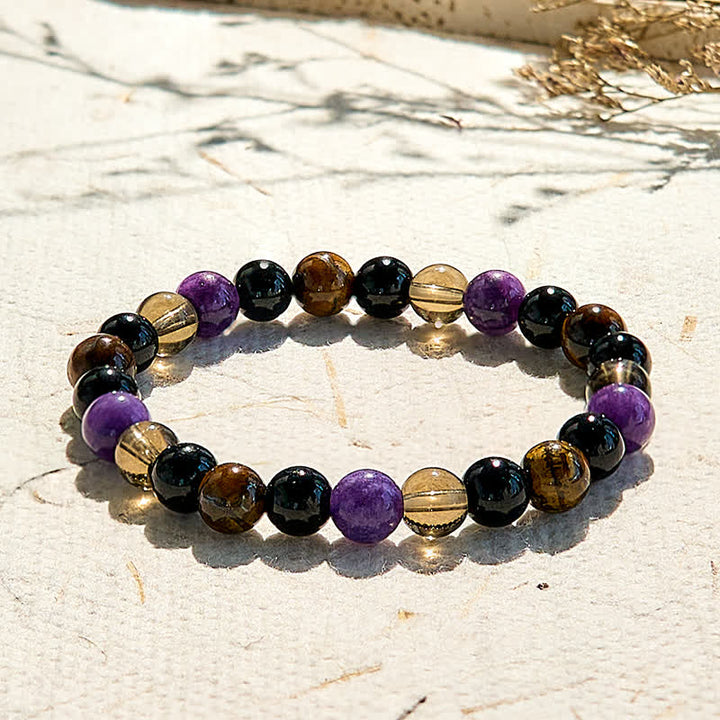 Braccialetto di perline di Charoite con occhio di tigre e ossidiana Olivenorma 