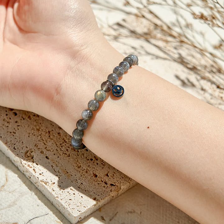 Bracciale con ciondolo a forma di faccina sorridente in perline di labradorite naturale Olivenorma 