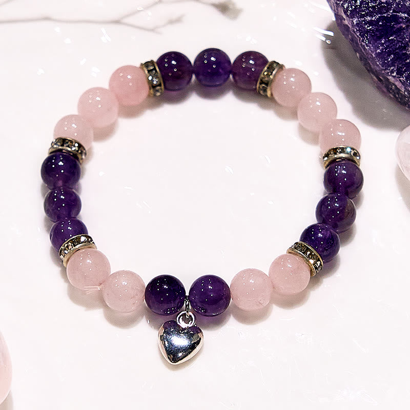 Bracciale di perline con ciondolo a forma di cuore in quarzo rosa e ametista Olivenorma 