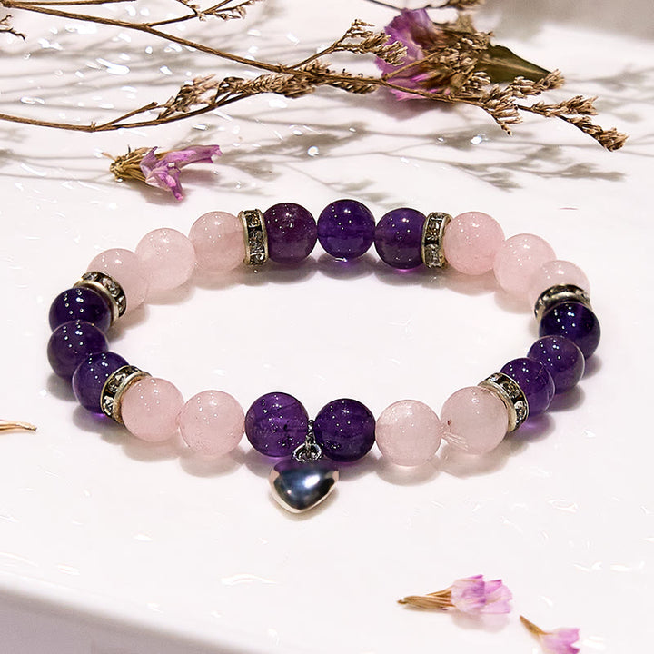Bracciale di perline con ciondolo a forma di cuore in quarzo rosa e ametista Olivenorma 