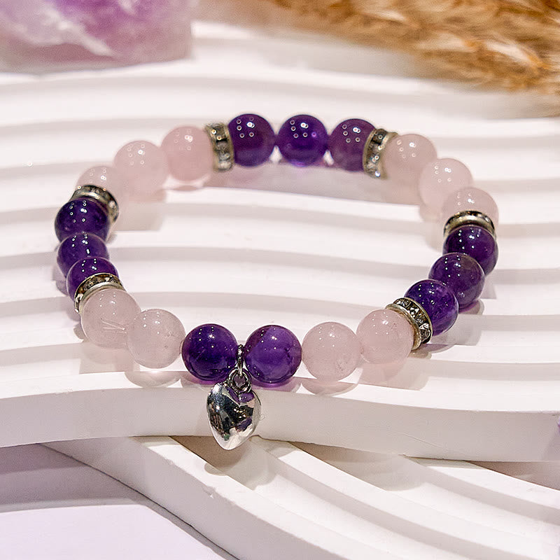 Bracciale di perline con ciondolo a forma di cuore in quarzo rosa e ametista Olivenorma 