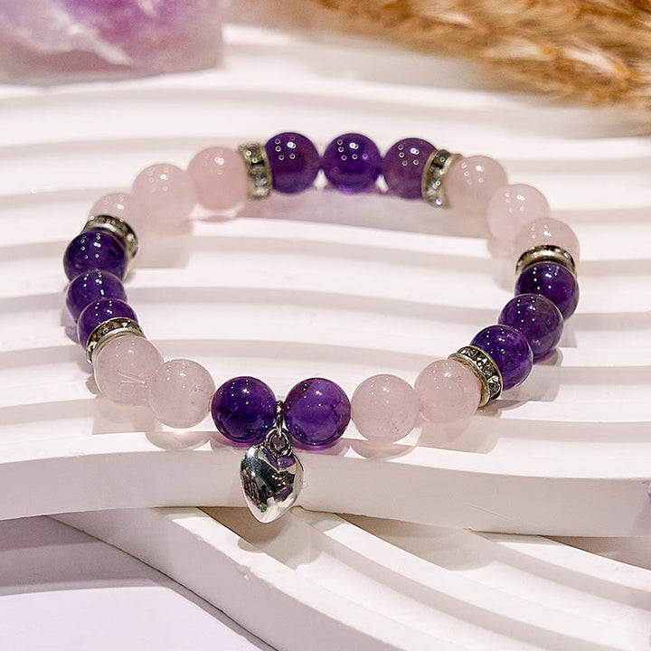 Bracciale di perline con ciondolo a forma di cuore in quarzo rosa e ametista Olivenorma 