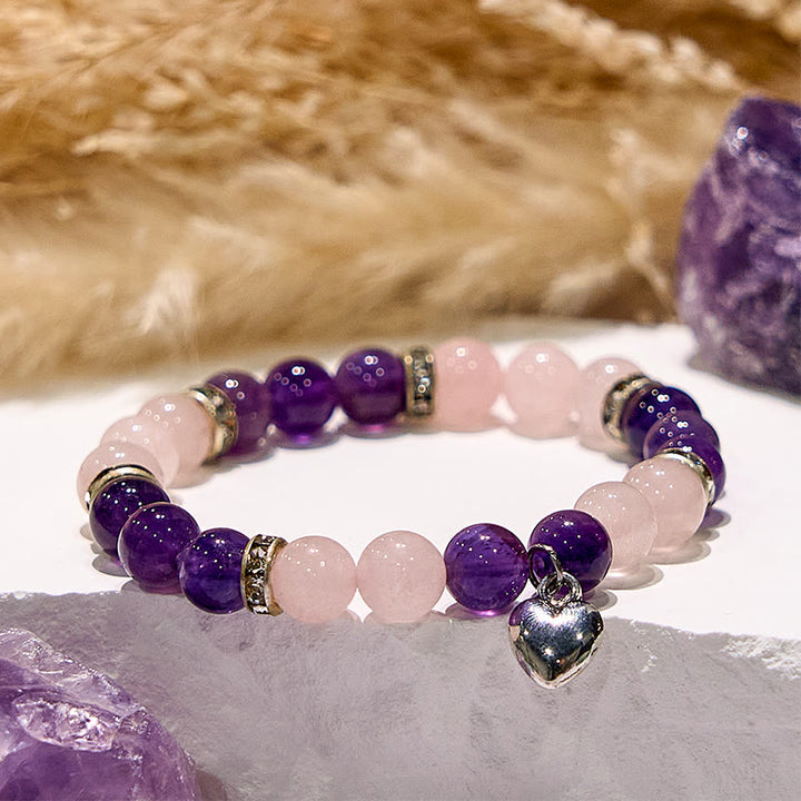 Bracciale di perline con ciondolo a forma di cuore in quarzo rosa e ametista Olivenorma 