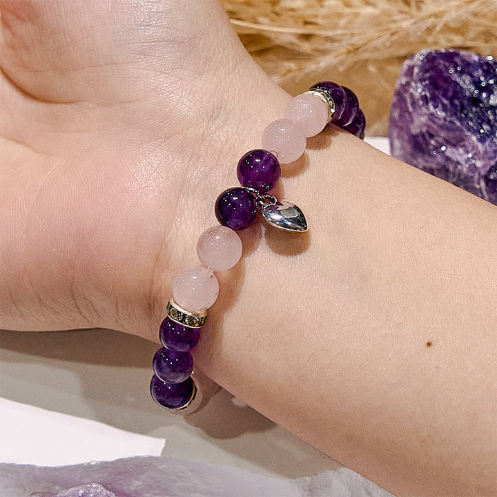 Bracciale di perline con ciondolo a forma di cuore in quarzo rosa e ametista Olivenorma 