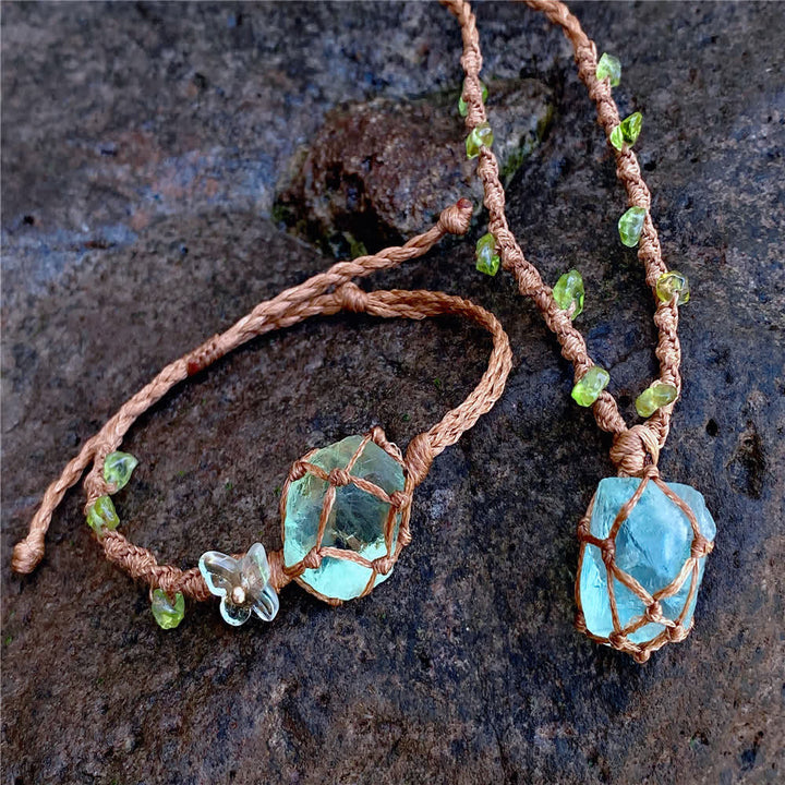 Collana con bracciale intrecciato in cristallo di fluorite verde Olivenorma 