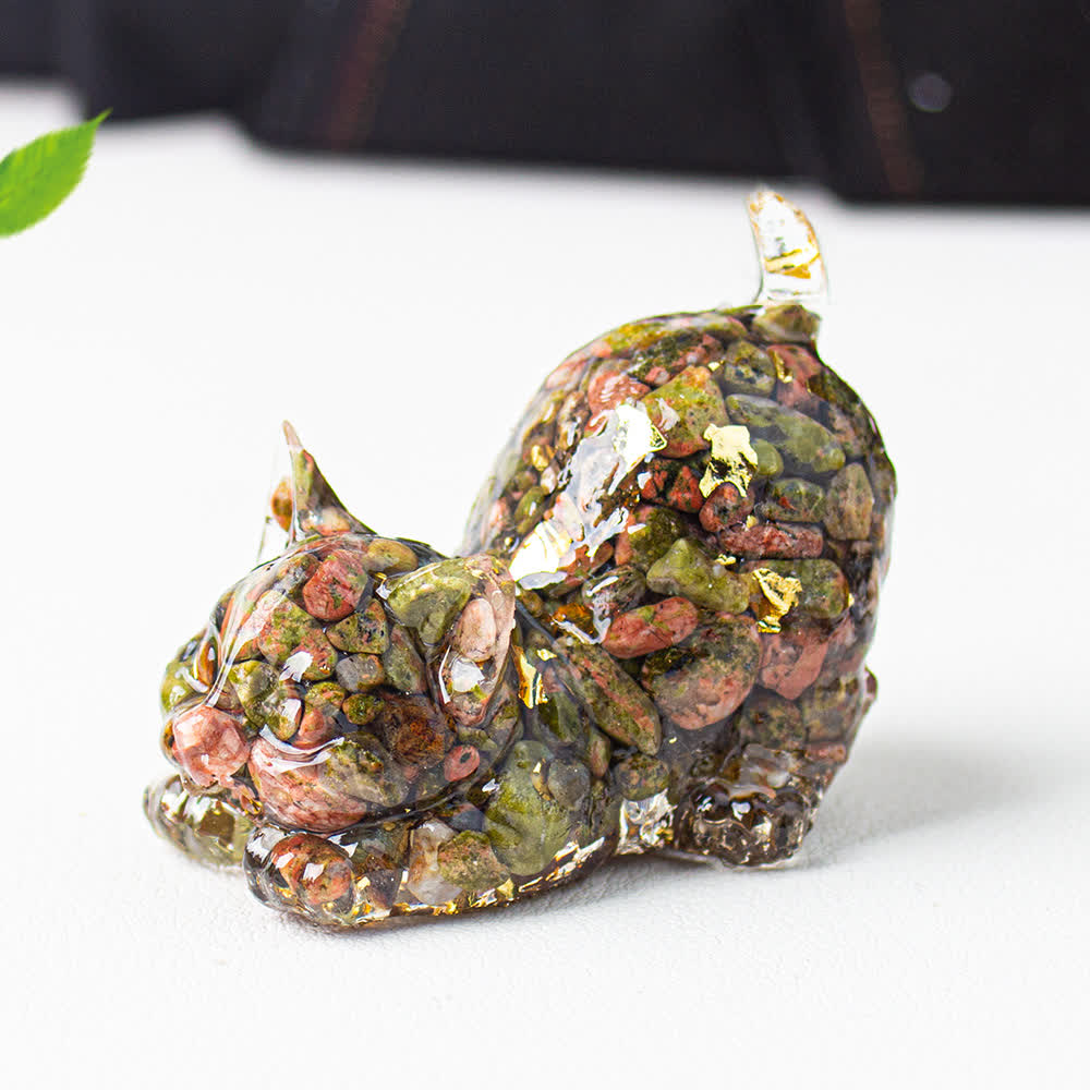 Olivenorma - Decorazione in pietra preziosa con statuetta di gatto in cristallo con benedizione giocosa - Unakite - Con carta - image 63