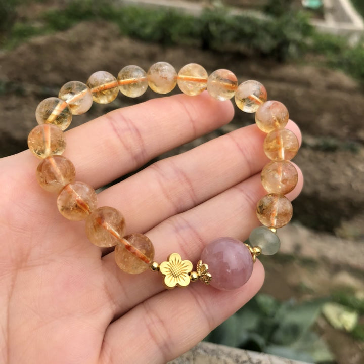 Braccialetto di perline con ciondolo a forma di fiore in quarzo rosa citrino naturale Olivenorma