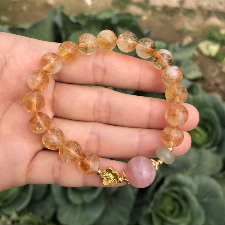 Braccialetto di perline con ciondolo a forma di fiore in quarzo rosa citrino naturale Olivenorma