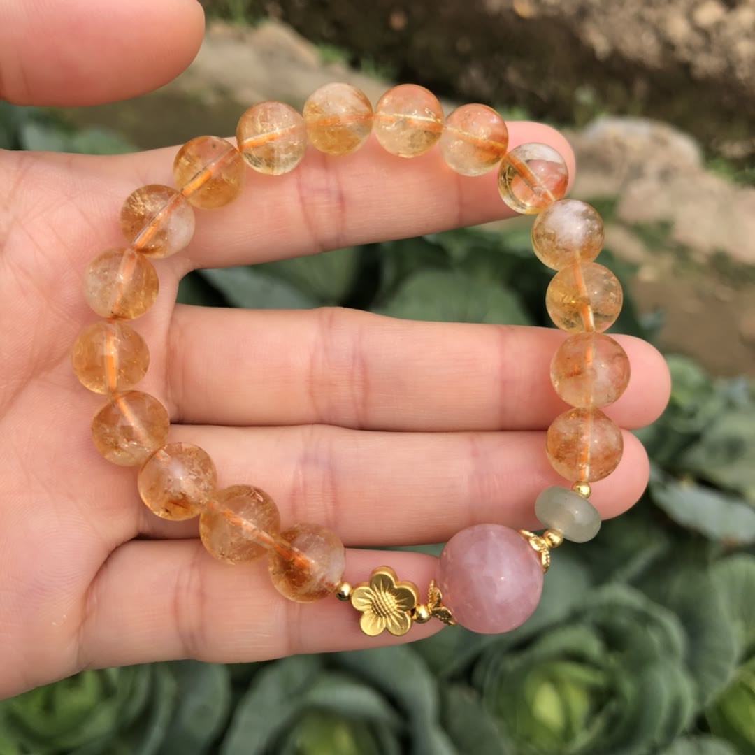 Braccialetto di perline con ciondolo a forma di fiore in quarzo rosa citrino naturale Olivenorma