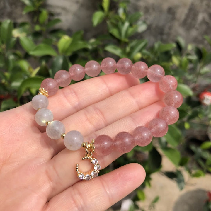 Bracciale con ciondolo a forma di luna in labradorite e quarzo fragola naturale Olivenorma 