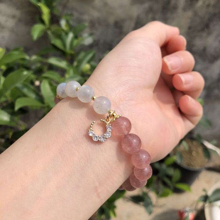 Bracciale con ciondolo a forma di luna in labradorite e quarzo fragola naturale Olivenorma 