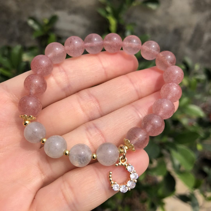Bracciale con ciondolo a forma di luna in labradorite e quarzo fragola naturale Olivenorma 