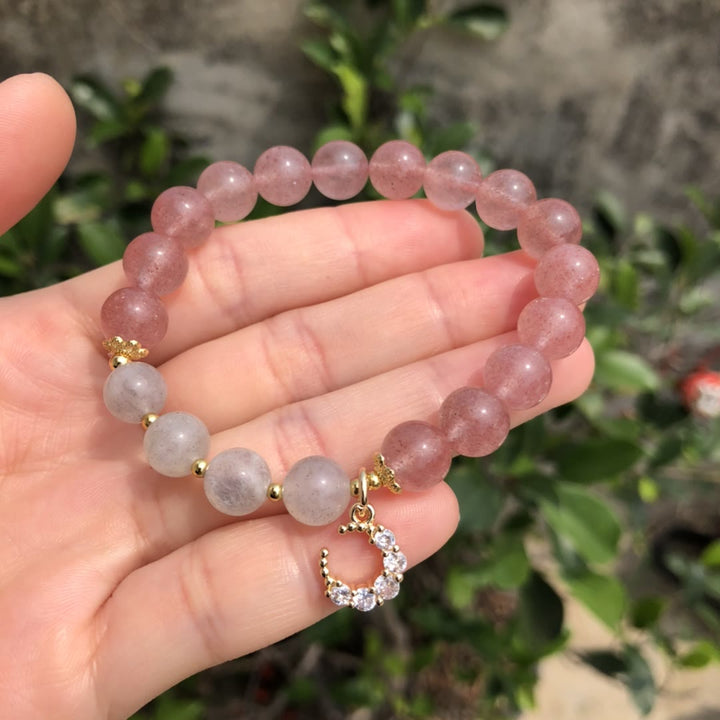 Bracciale con ciondolo a forma di luna in labradorite e quarzo fragola naturale Olivenorma 