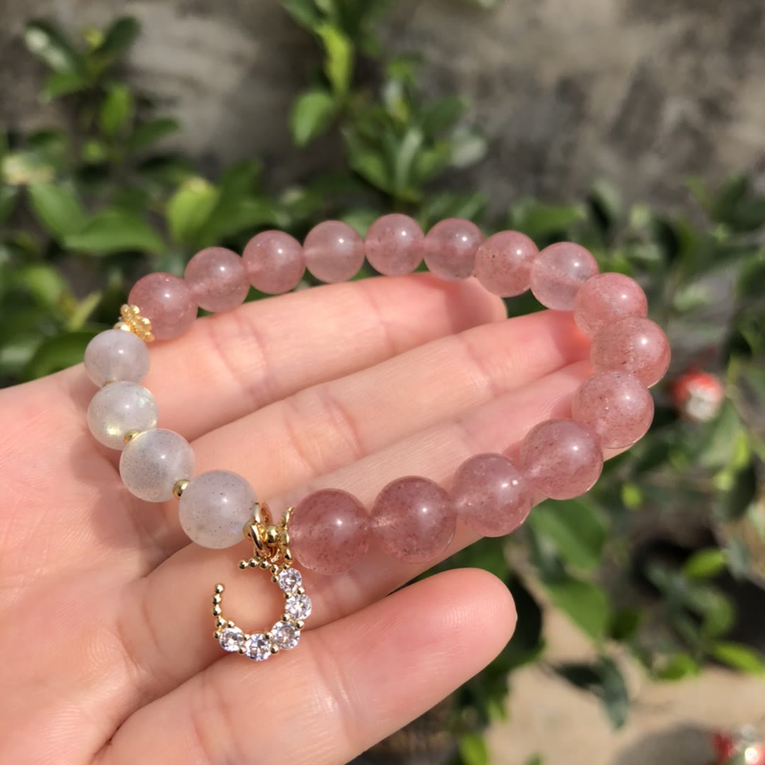 Bracciale con ciondolo a forma di luna in labradorite e quarzo fragola naturale Olivenorma 