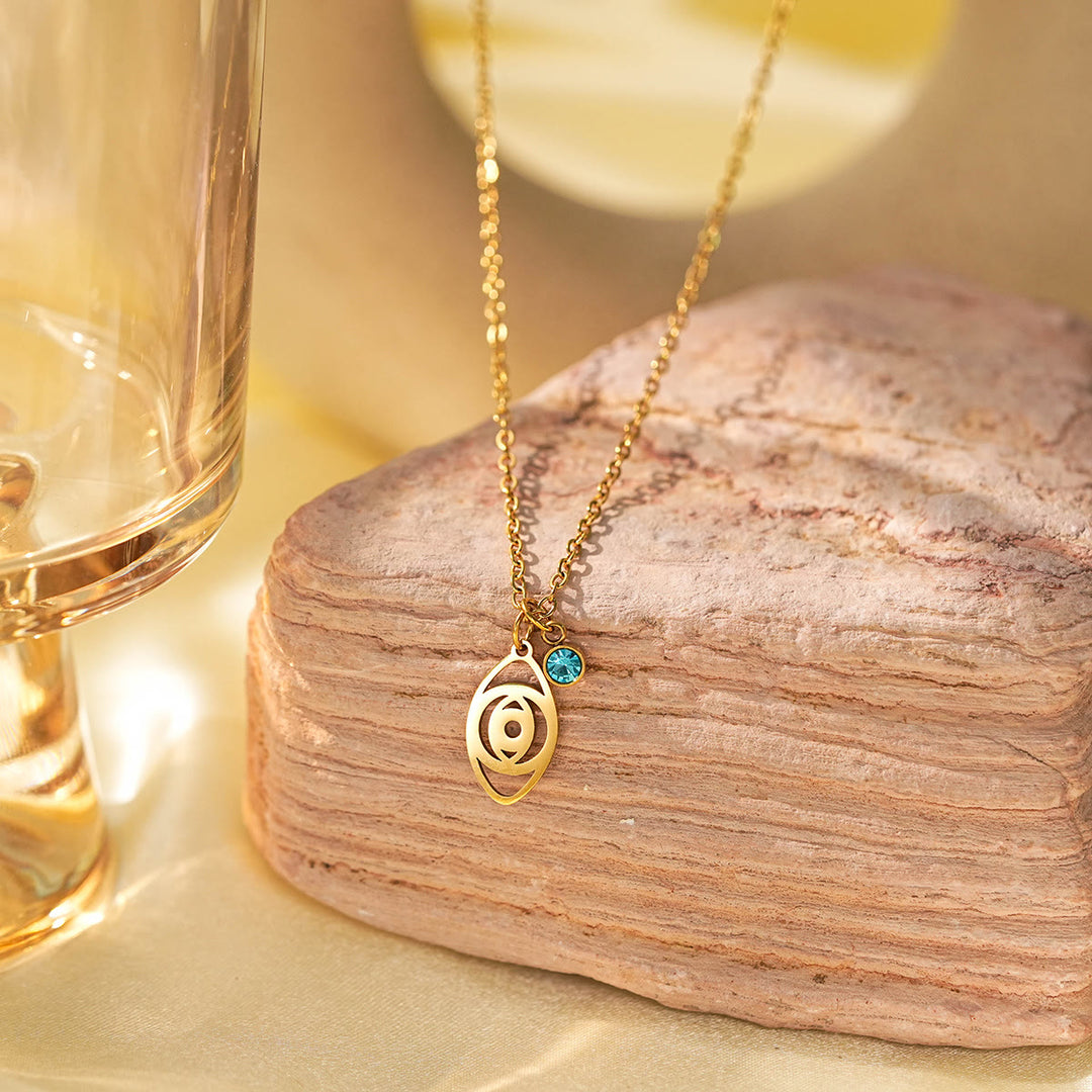 Olivenorma Collana con ciondolo con simbolo Hamsa e croce in acquamarina e occhio maligno
