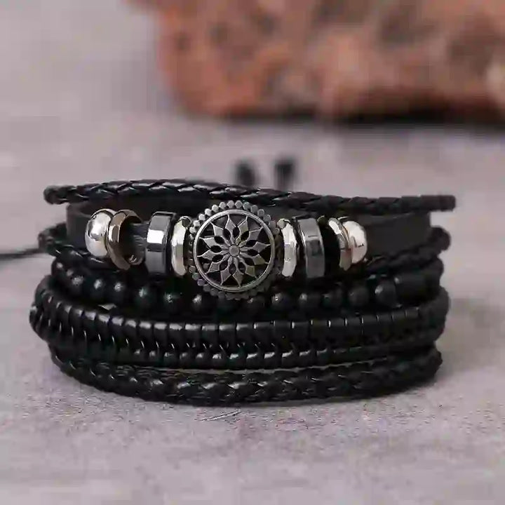 Olivenorma Braccialetto multistrato con perline in pelle PU vintage - Nero - image 0
