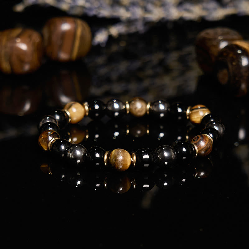 Bracciale Olivenorma con perline in ematite e occhio di tigre in ossidiana da 8 mm