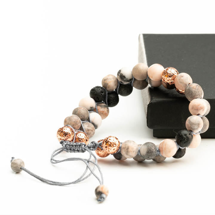 Olivenorma Bracciale intrecciato a 2 strati in pietra lavica rosa e diaspro zebrato 