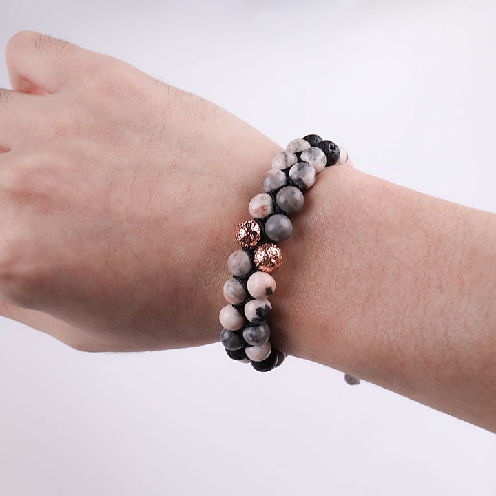 Olivenorma Bracciale intrecciato a 2 strati in pietra lavica rosa e diaspro zebrato 