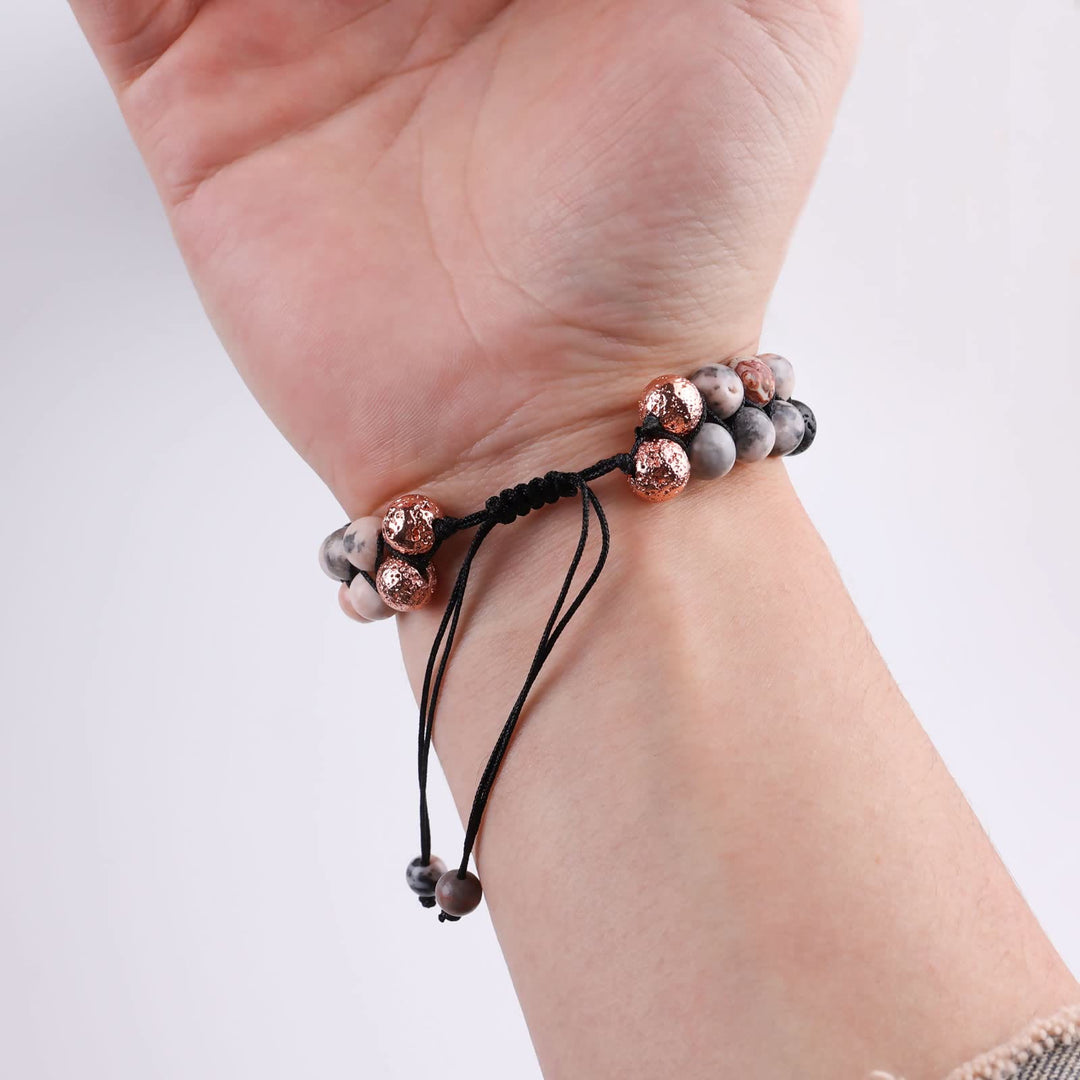 Olivenorma Bracciale intrecciato a 2 strati in pietra lavica rosa e diaspro zebrato 