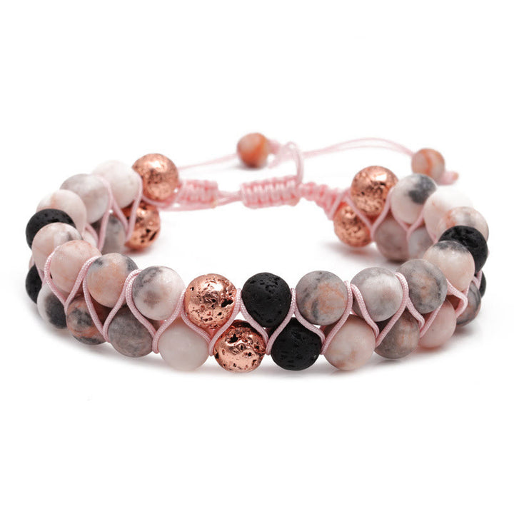 Olivenorma Bracciale intrecciato a 2 strati in pietra lavica rosa e diaspro zebrato 