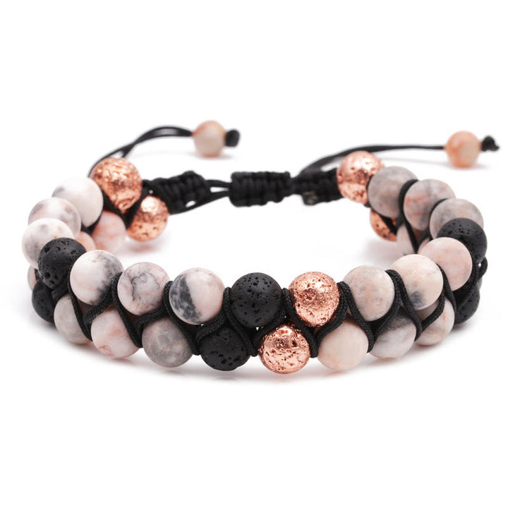 Olivenorma Bracciale intrecciato a 2 strati in pietra lavica rosa e diaspro zebrato 