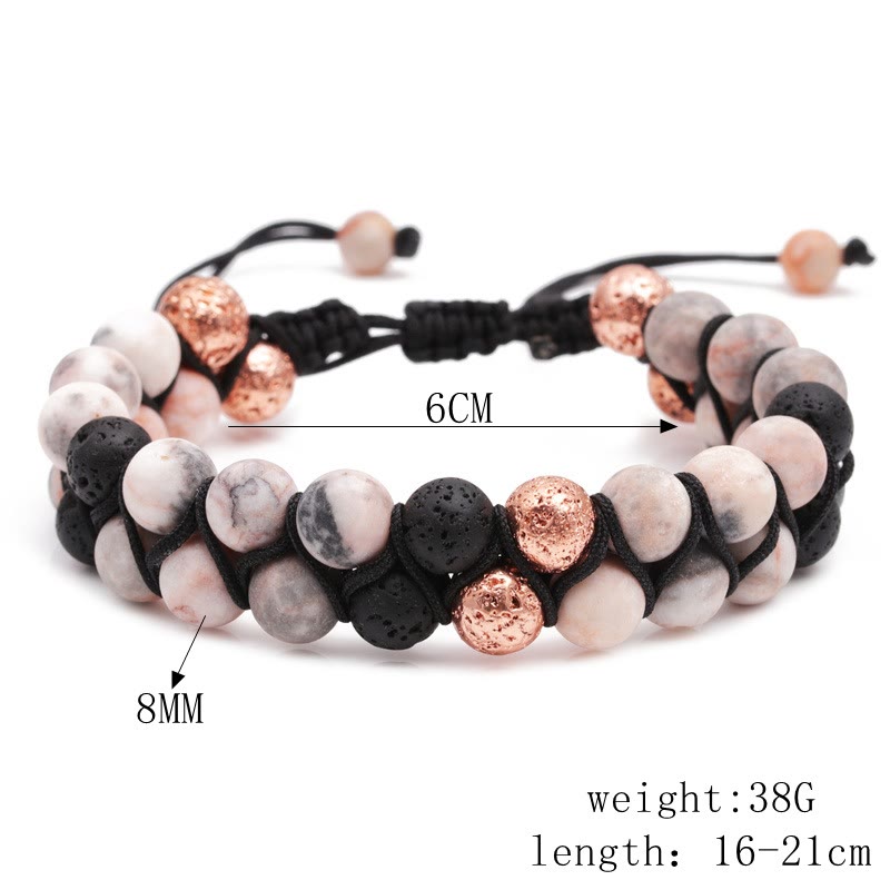 Olivenorma Bracciale intrecciato a 2 strati in pietra lavica rosa e diaspro zebrato 