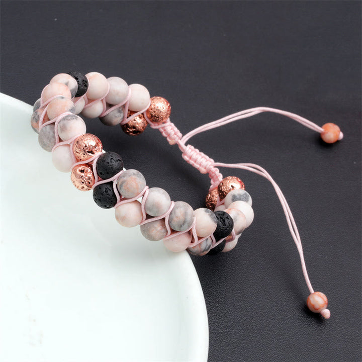 Olivenorma Bracciale intrecciato a 2 strati in pietra lavica rosa e diaspro zebrato 